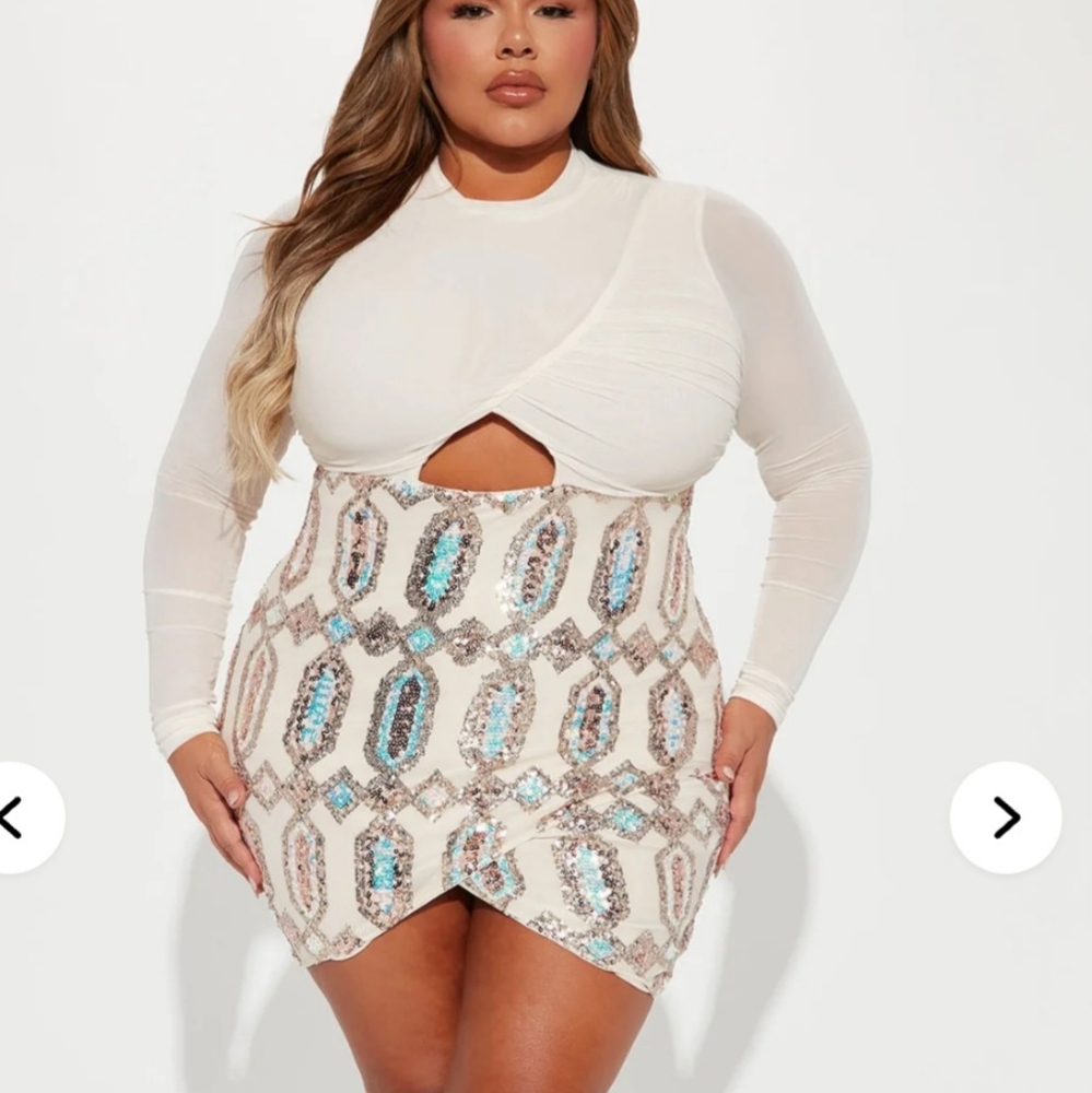 NWT Fashion Nova Plus Sequin Mini Dress‎ - Ivory- Size 1X Bodycon
